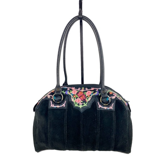 Oovoo Handbags - Oovoo Black Suede Handbag Satchel Embroidered Silk Purse Shoulder Bag Vietnamese